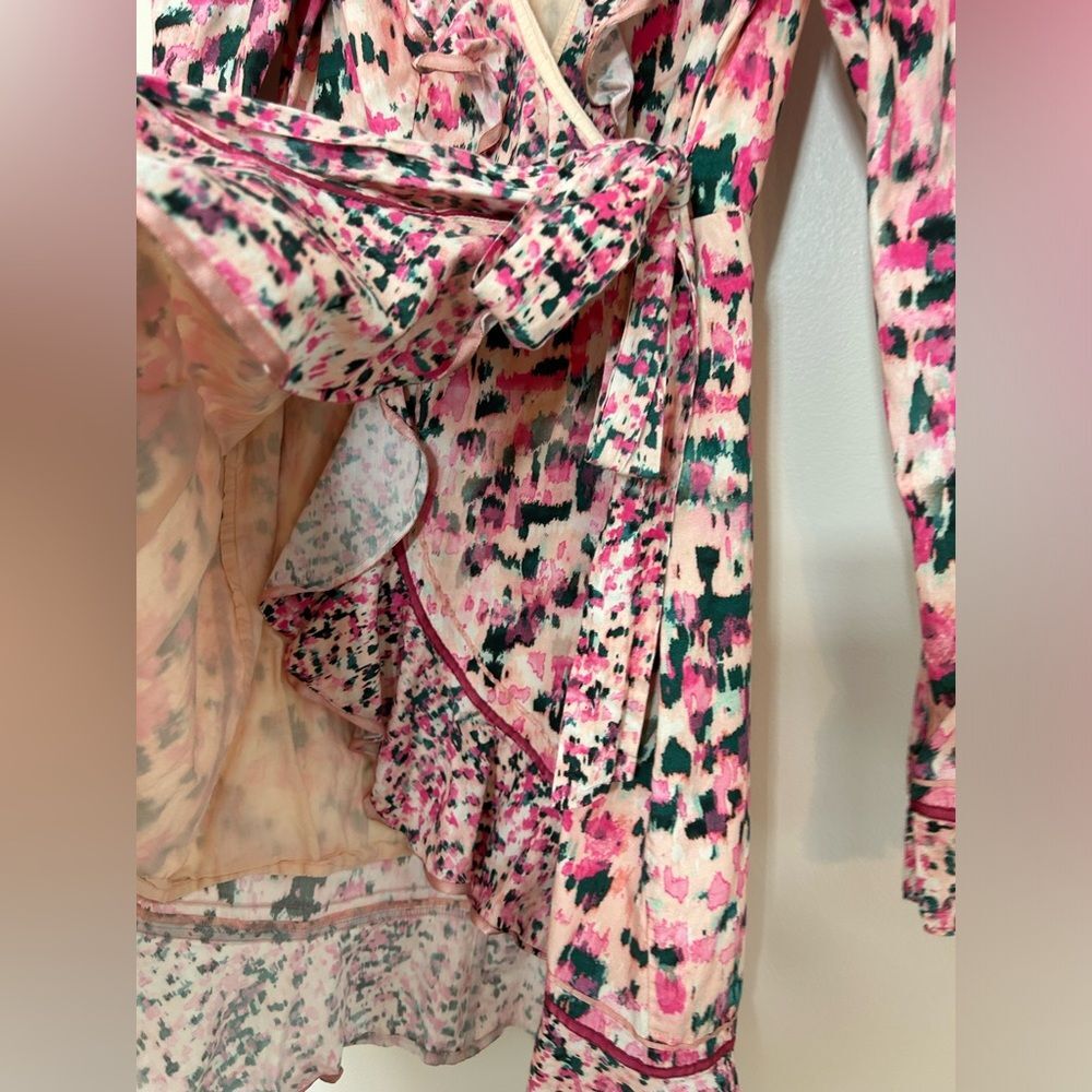 Rococo Sand Mimi Wrap Pink Dress Long Ruffle Puff Sleeve Size Medium - Picture 8 of 13